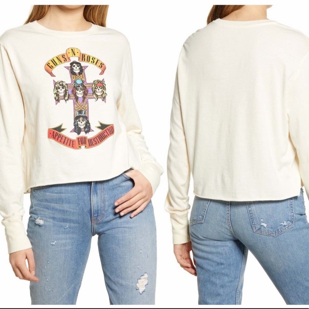 ⚡️SOLD⚡️ Guns N' Roses Band Long Sleeve Crop Tee Ivory Skull Graphic Shirt NEW - Picture 16 of 16